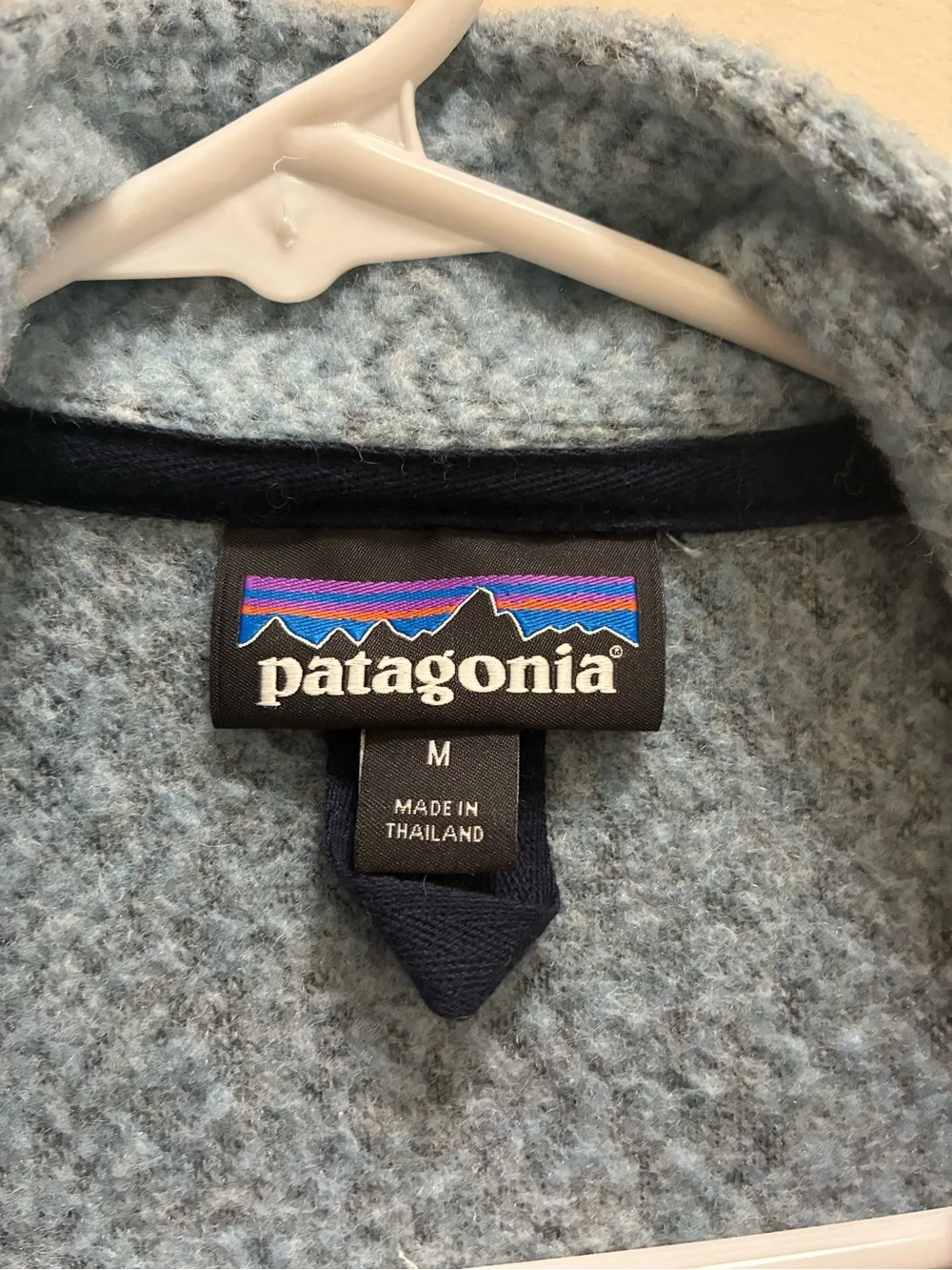 Patagonia Heather Light Blue Wool blend Fleece full zip with Navy Trim